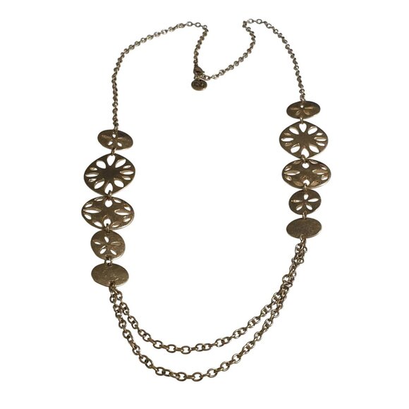 The Sak Gold Tone Cutout Oval Link Long Necklace Layered Chain Lobster Clasp - Picture 1 of 4